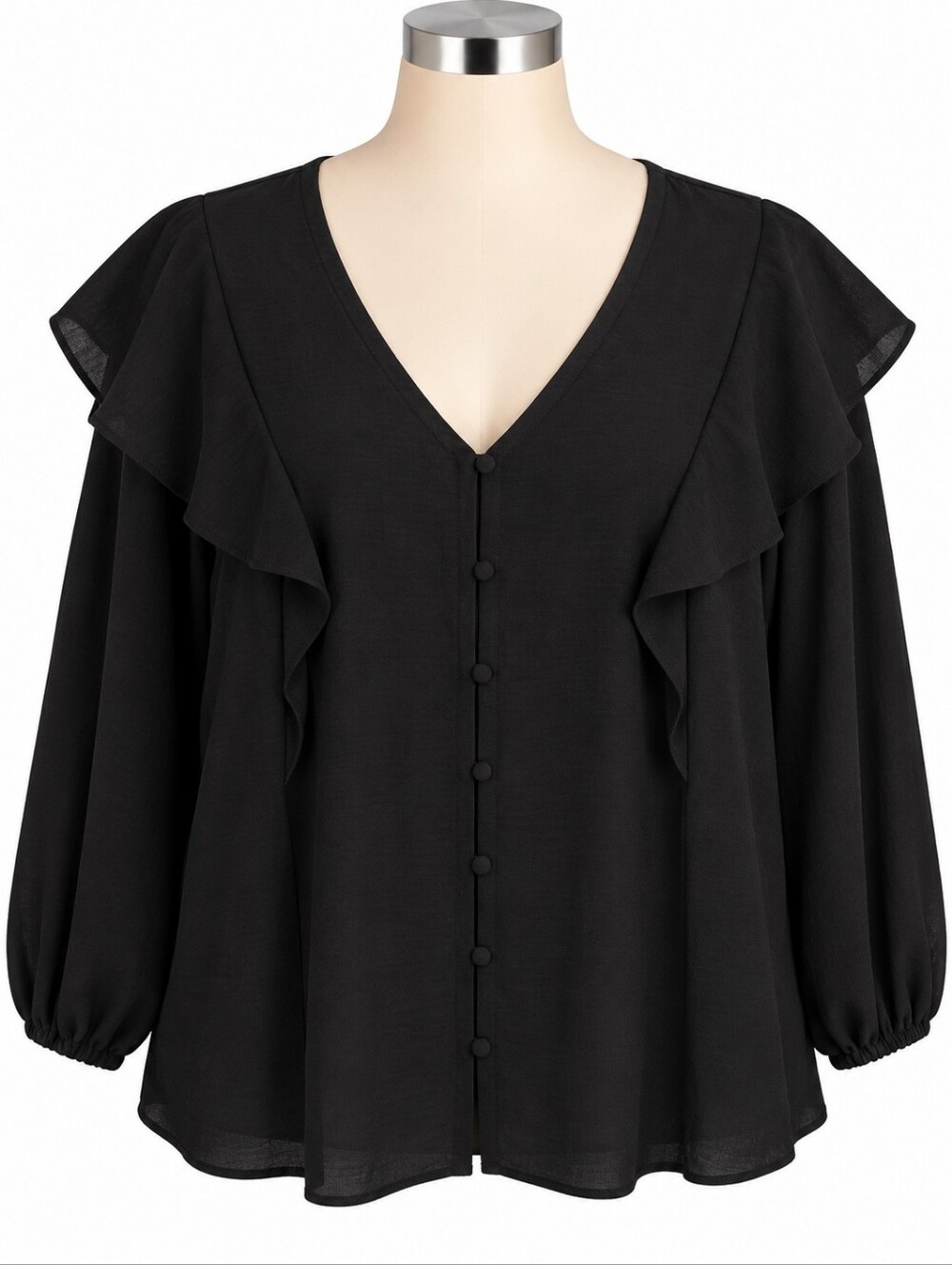 Nine West Blouse XXL NWT Black Ruffle V-Neck Long Sleeve Button Front Shirt Goth